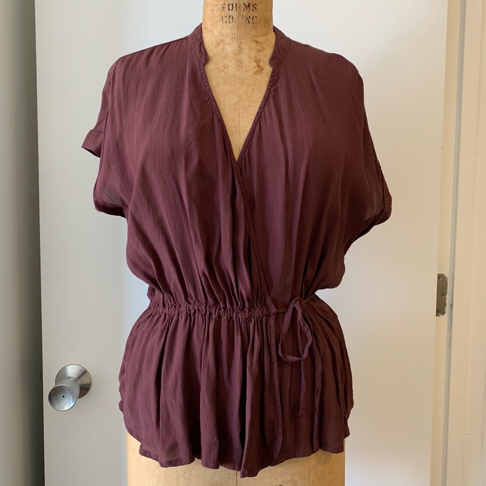 Short Sleeve Dolman Woven Wrap Blouse with Tie